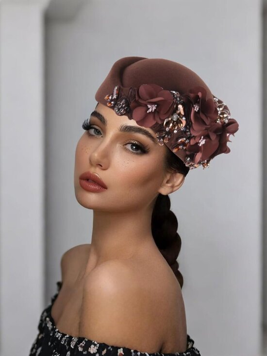 Women\'s British Felt hat Church Derby Headdress Floral Beret hat Brown